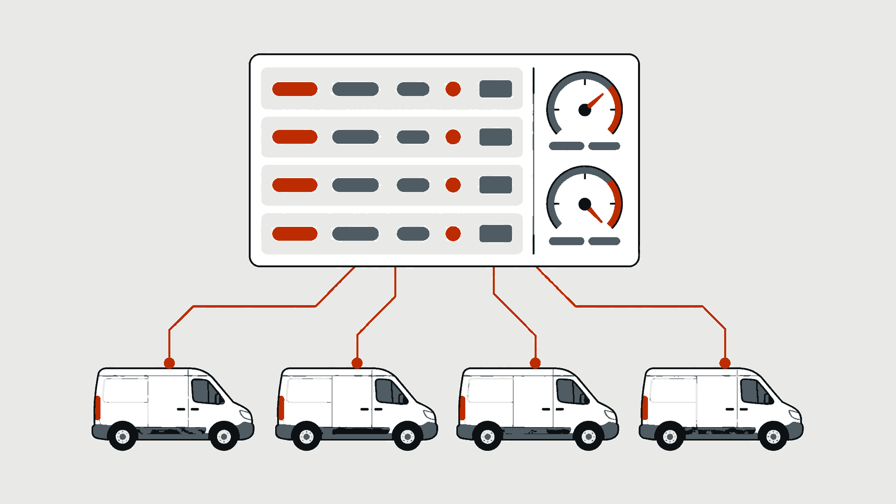 Illustration of four vans each linked to a single shared fleet dashboard panel