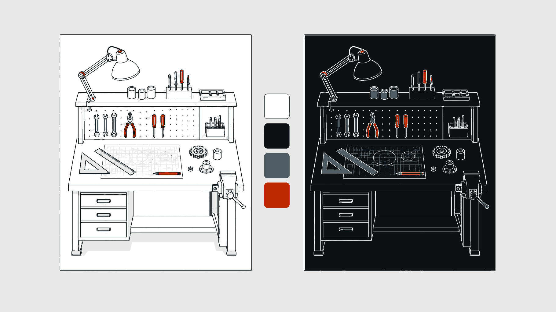 Illustration of the same workshop bench drawn twice, once light and once dark, with a row of theme colour swatches between them