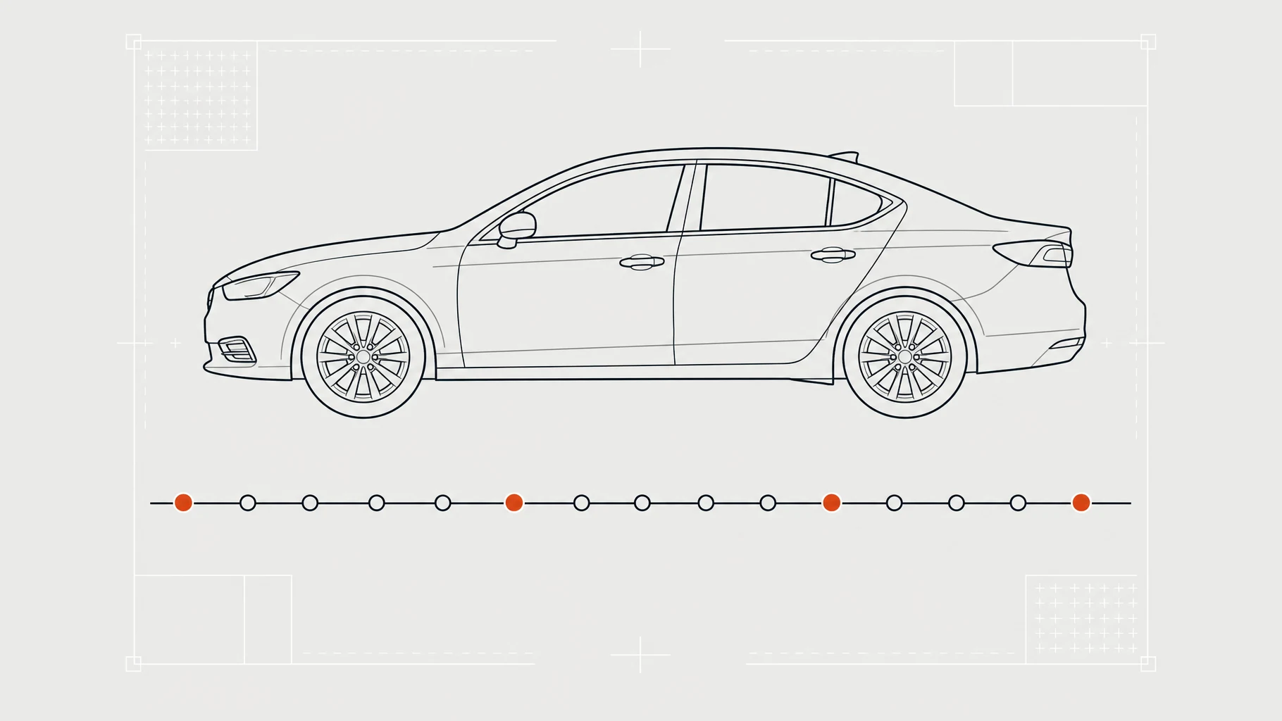 Illustration of a car above a horizontal timeline of service milestones, several marked in orange