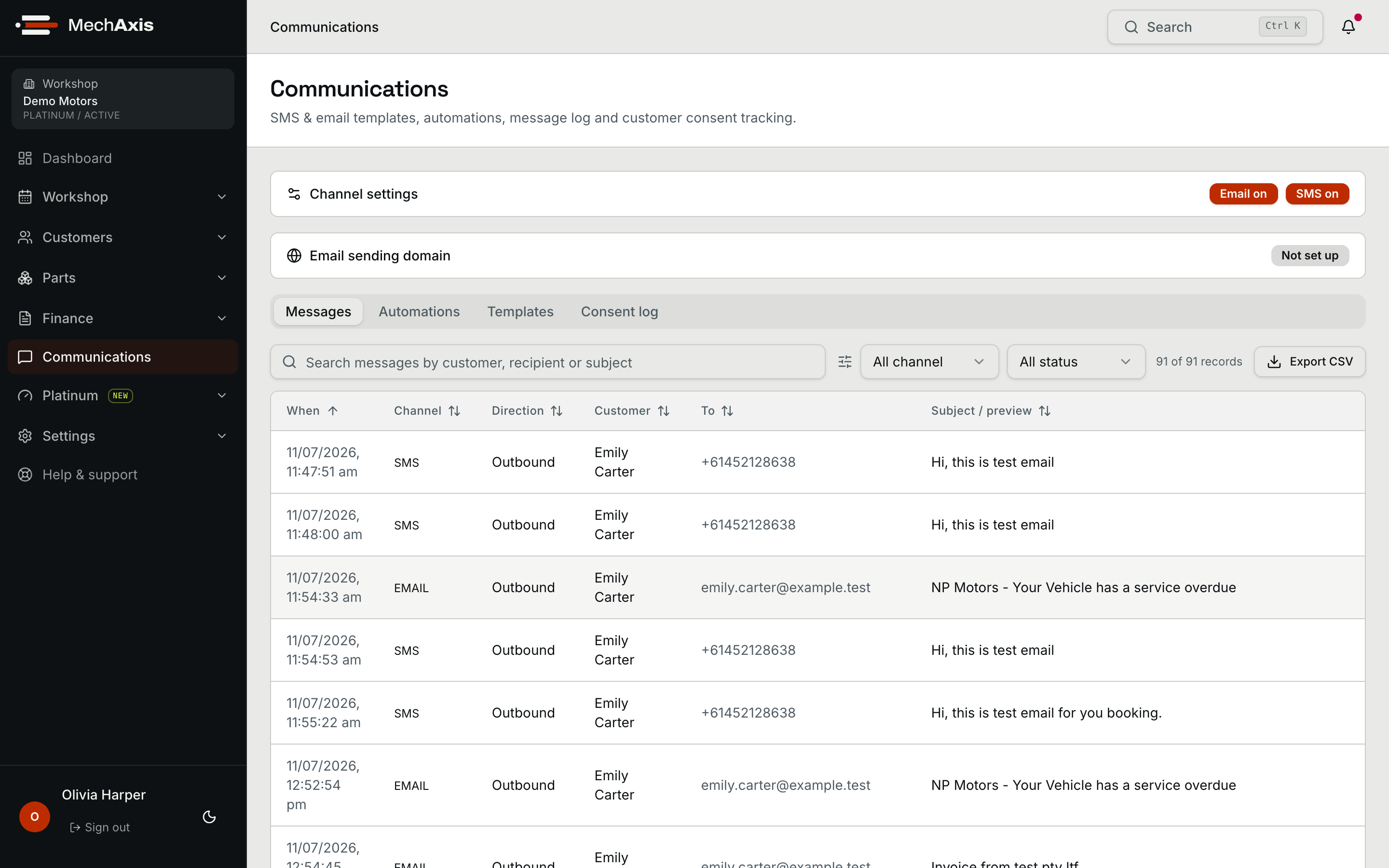 MechAxis communications log with inbound and outbound SMS and email delivery status