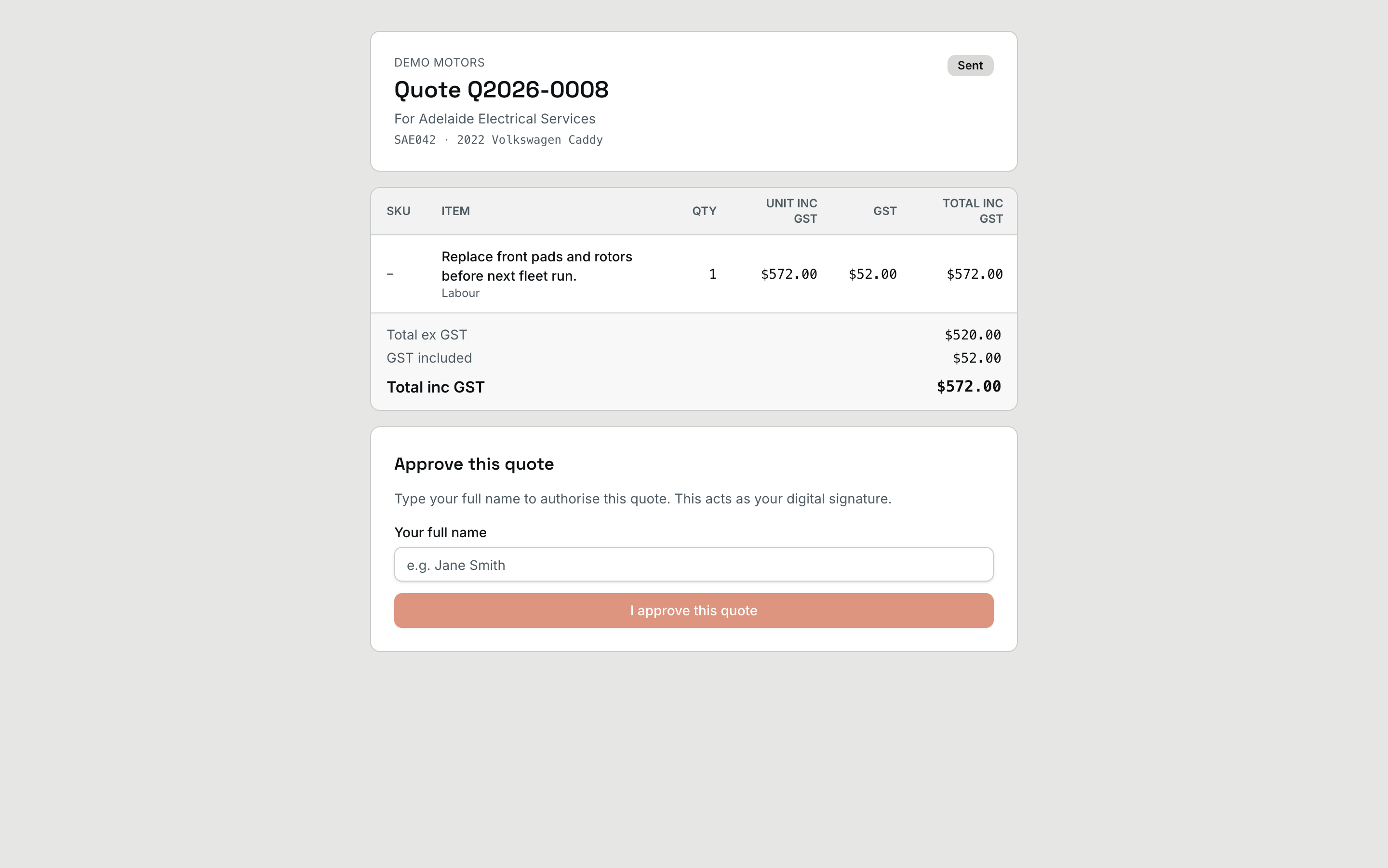 MechAxis customer quote portal with Australian GST totals and digital approval