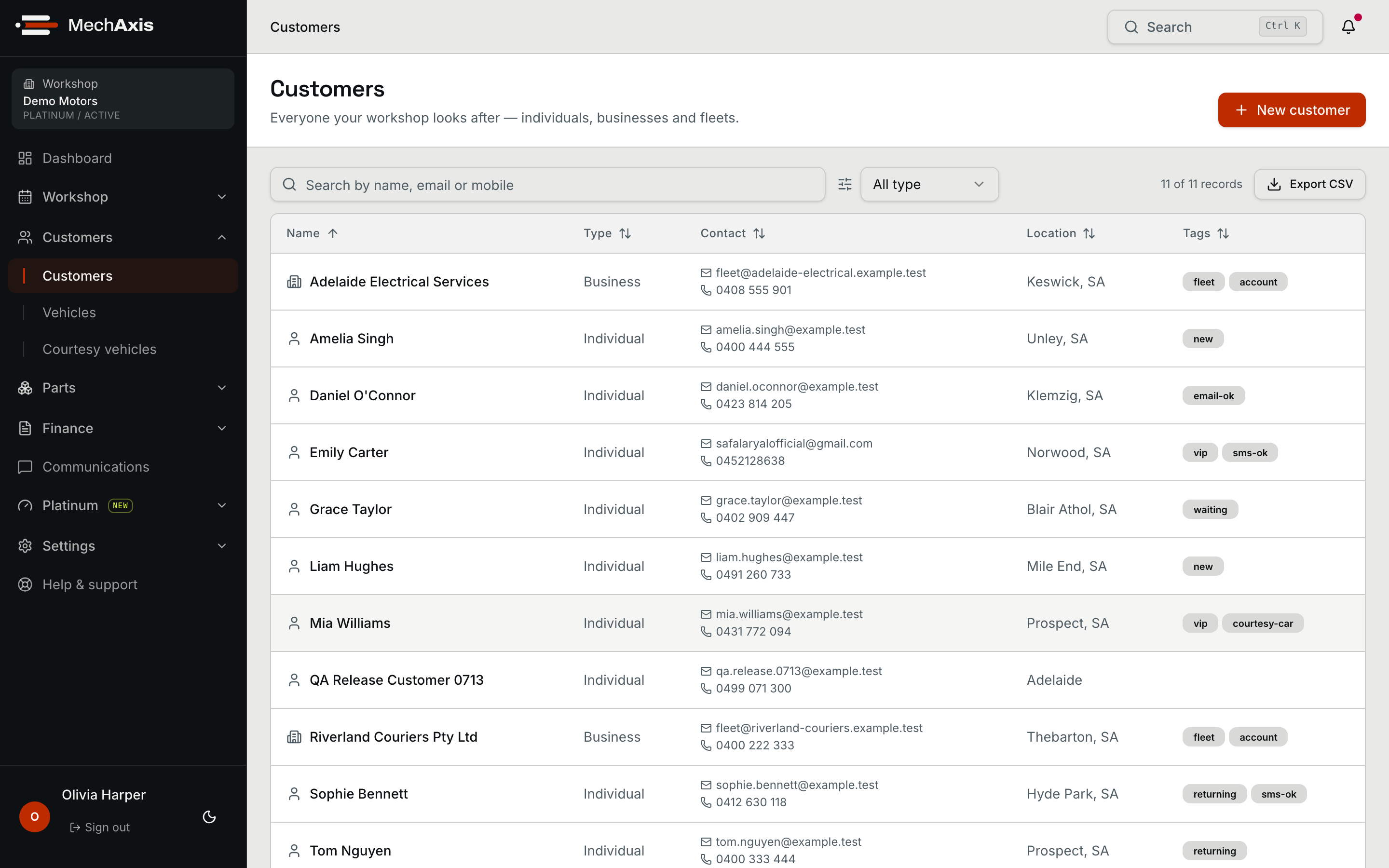 MechAxis customer records for individuals, businesses and fleets with contact details and tags