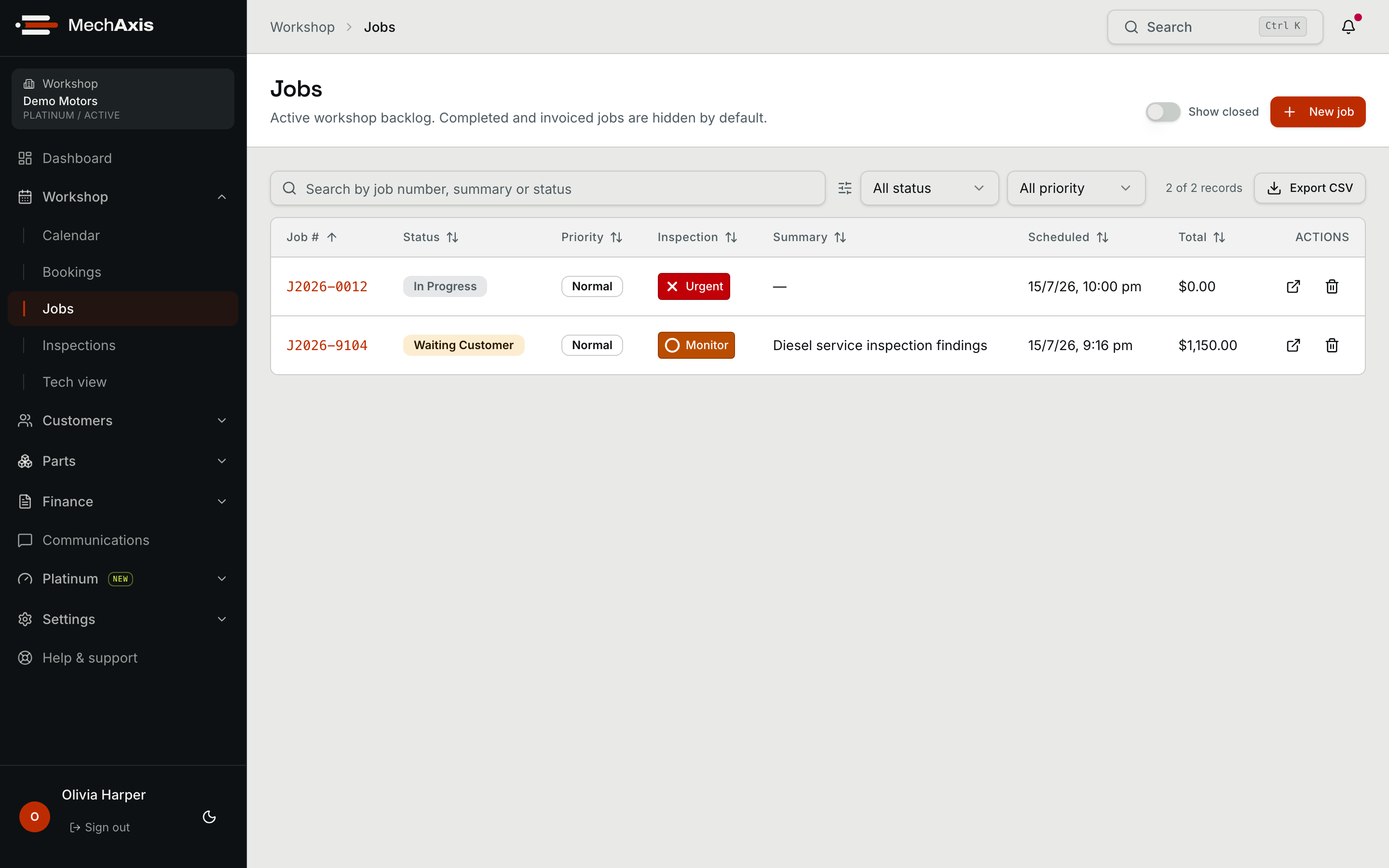 MechAxis active job cards with workshop status, priority, schedule and job value