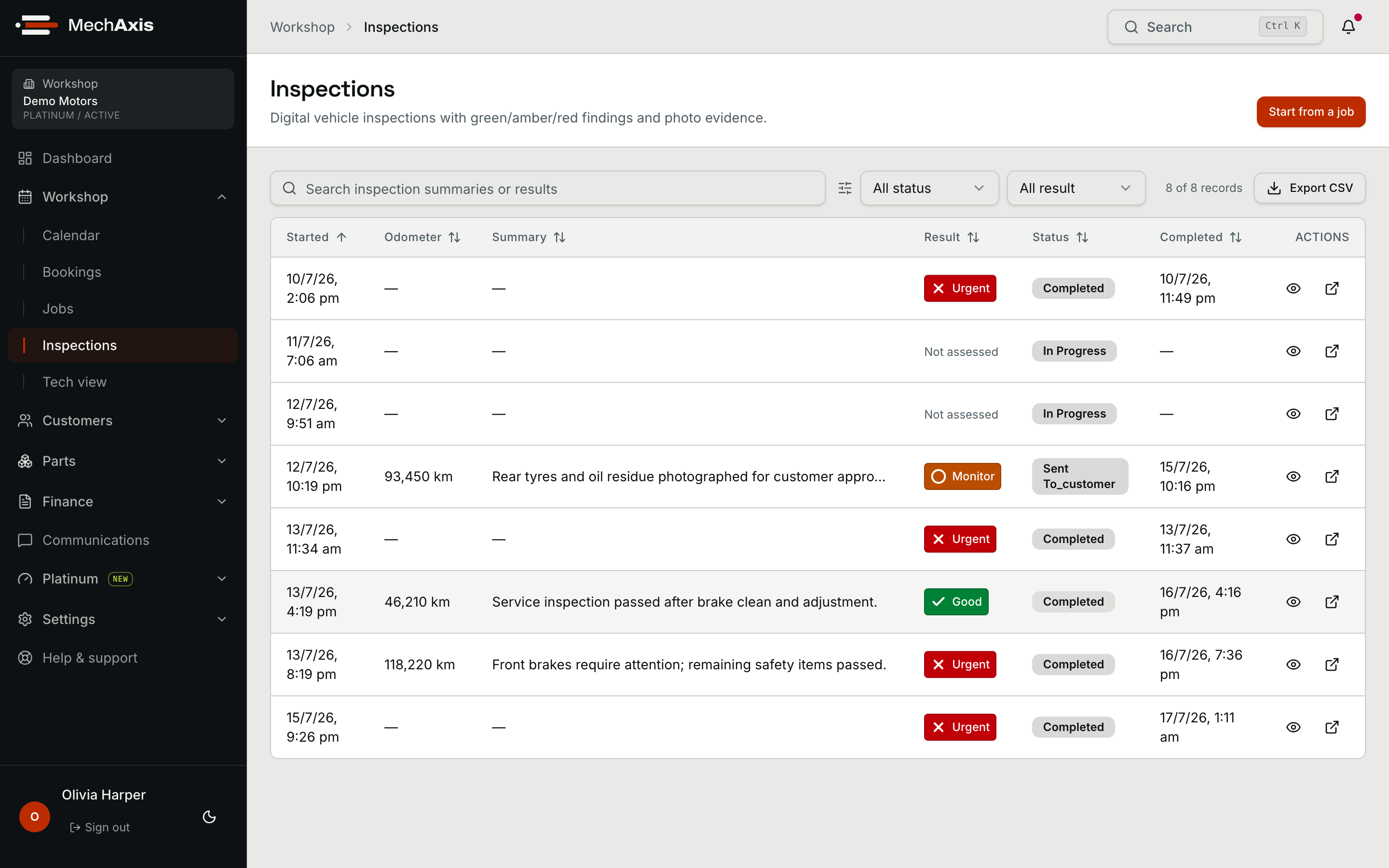 MechAxis digital vehicle inspections with odometer readings, findings and workflow status