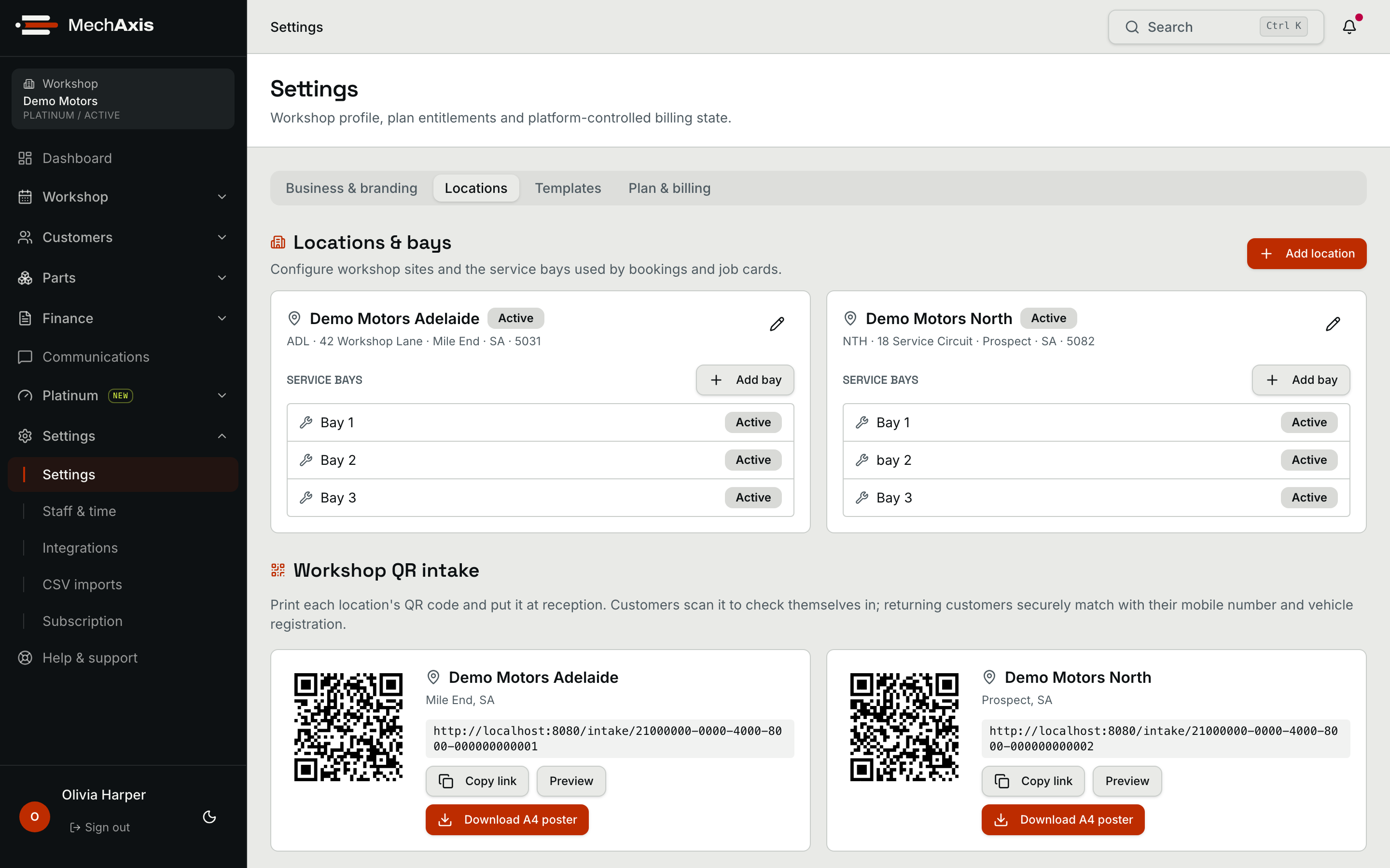 MechAxis staff workspace with team roles, access management and clocked hours