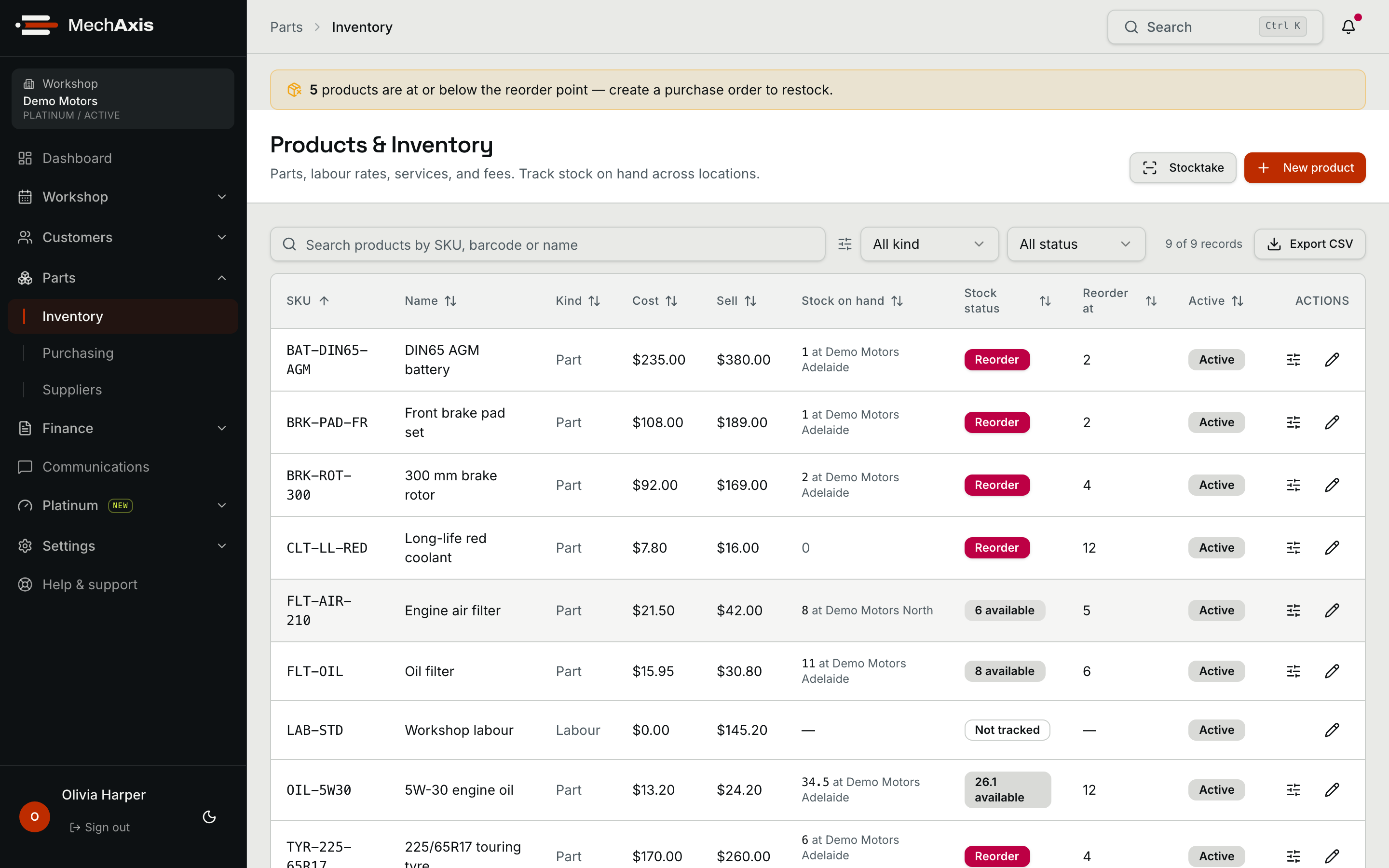 MechAxis parts inventory with multi-location stock, pricing and reorder alerts