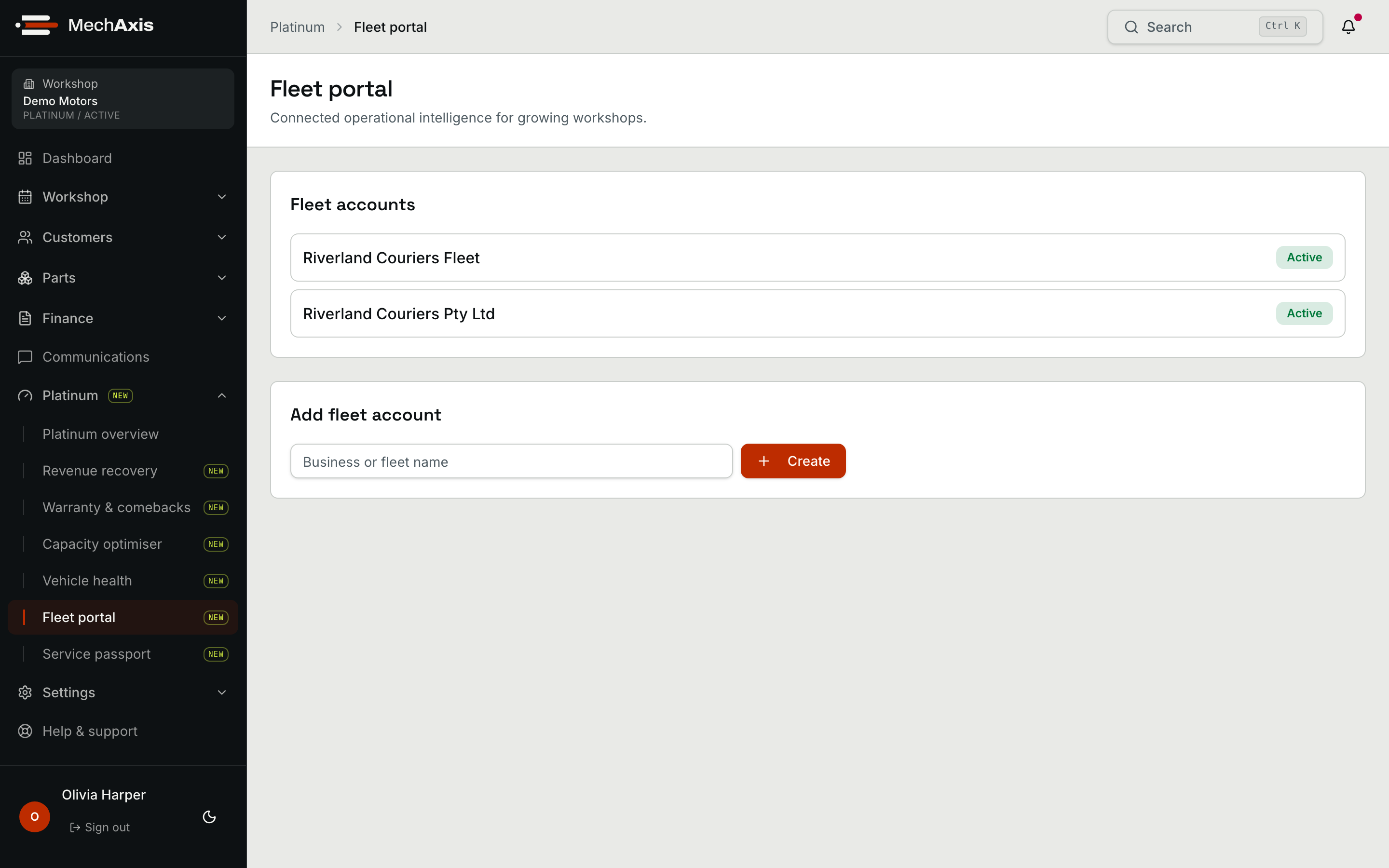MechAxis Platinum fleet portal with a Demo Motors fleet account and authorised vehicle workflow