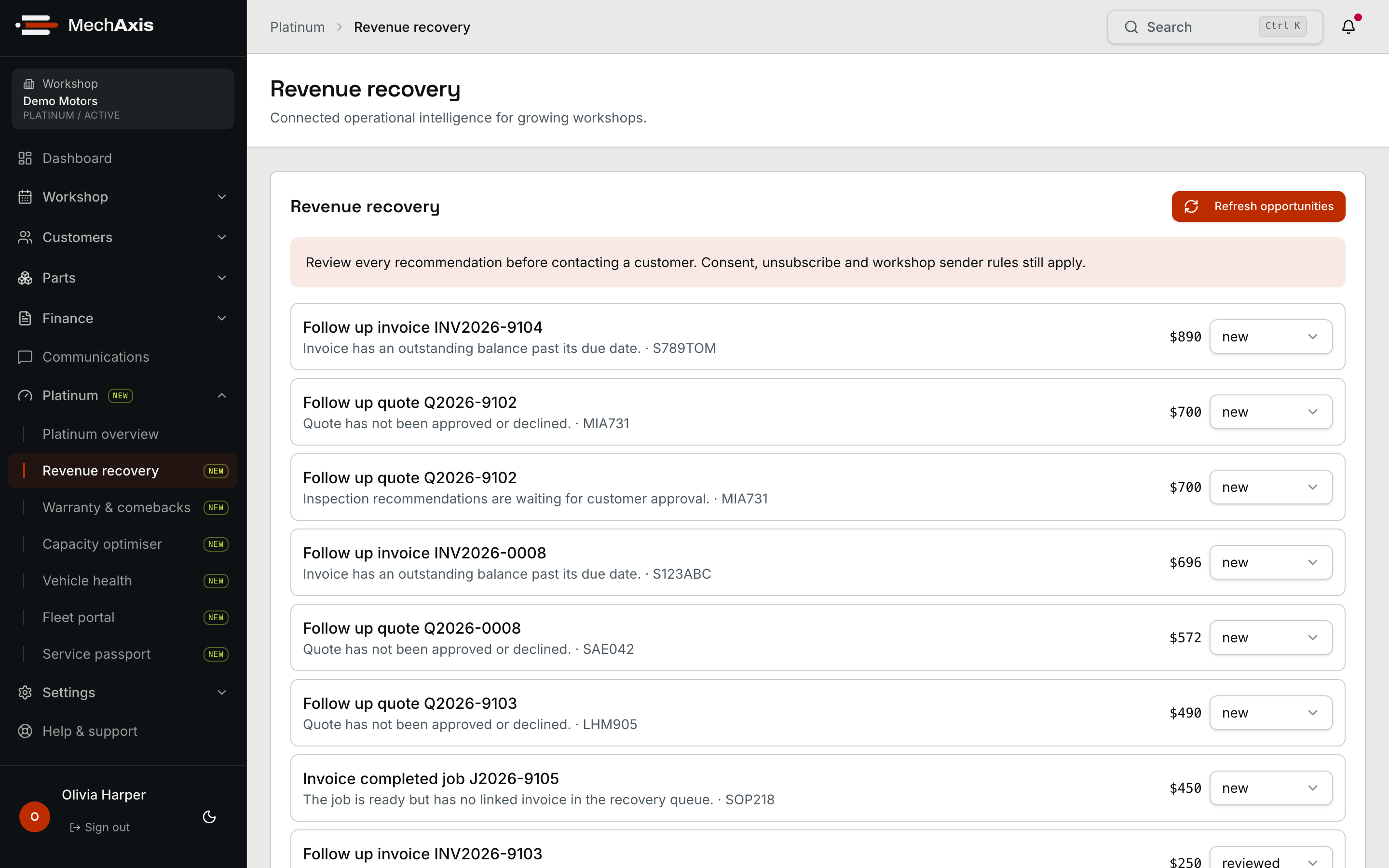 MechAxis Platinum revenue recovery queue with follow-up opportunities and recoverable value