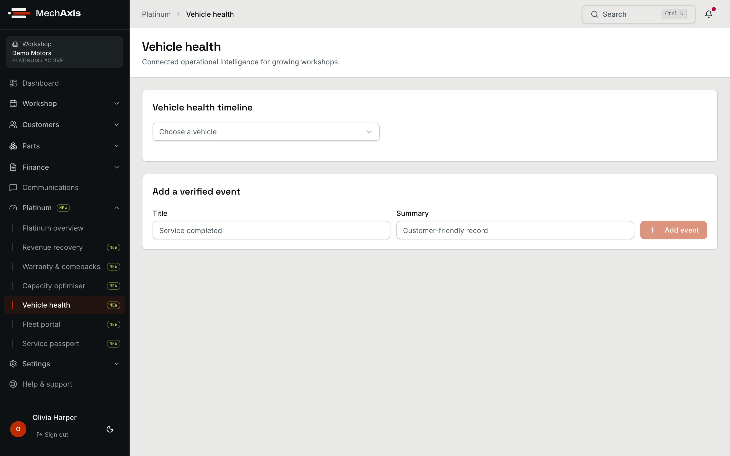 MechAxis Platinum vehicle health timeline combining quotes, jobs and invoices for a Toyota Corolla