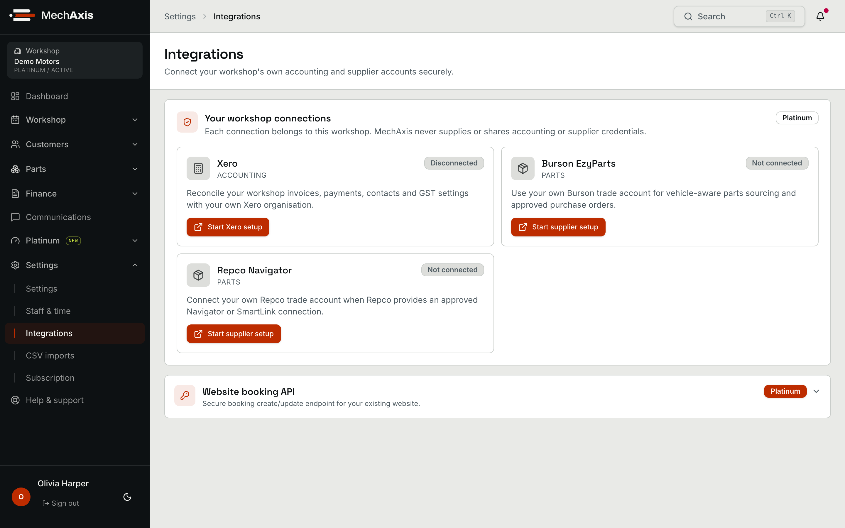 MechAxis website booking API with secure keys, request example and connected services