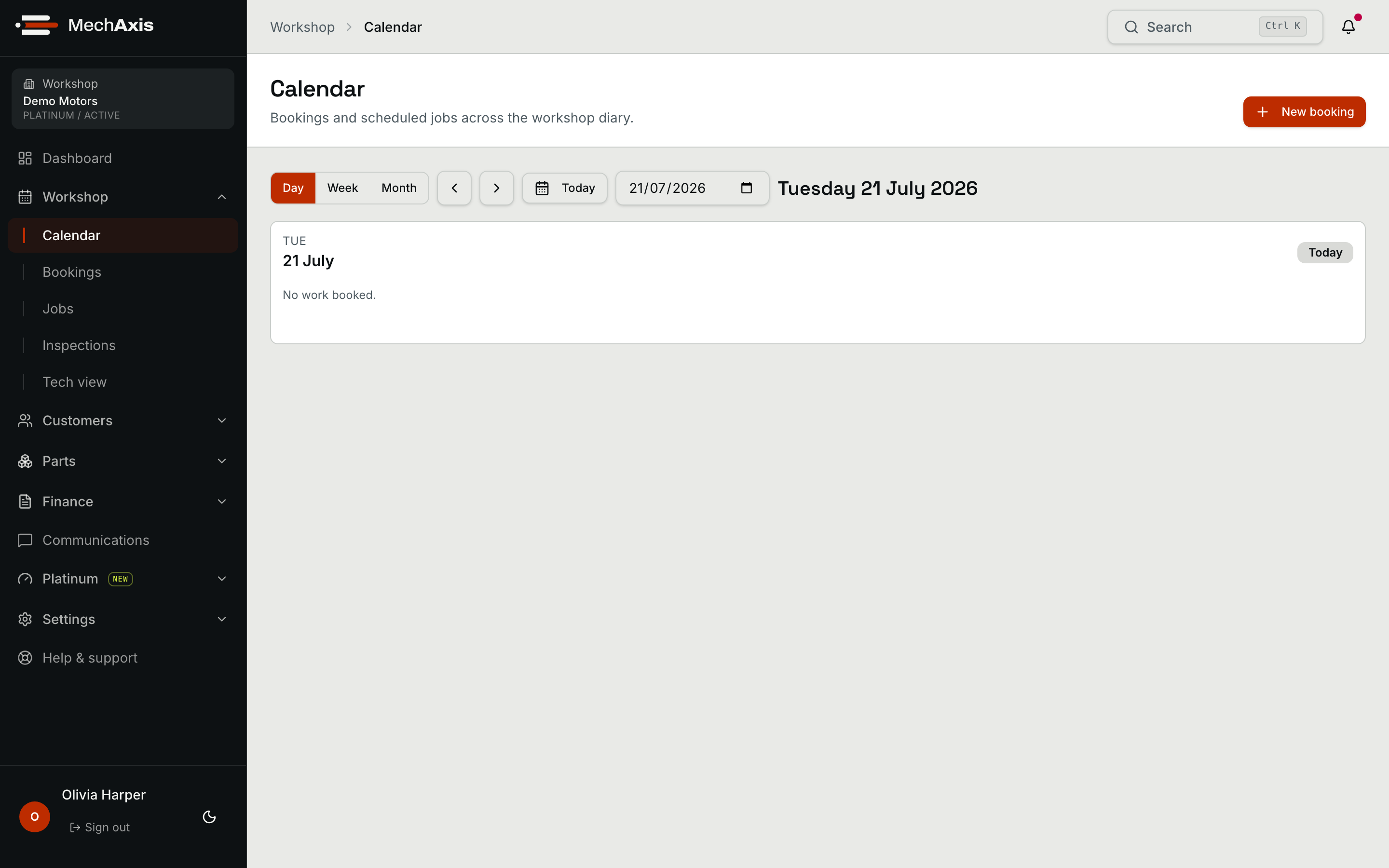 Populated MechAxis workshop calendar showing bookings and live jobs across the day