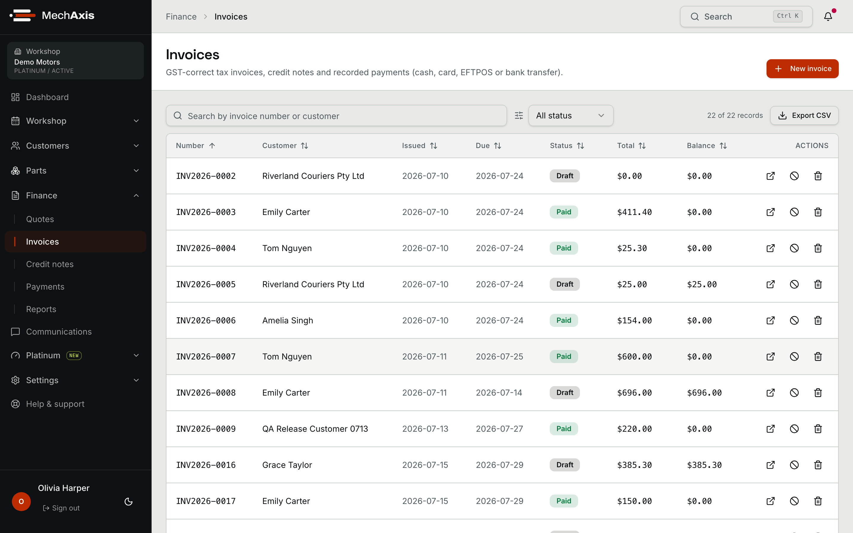 MechAxis GST-inclusive invoices showing paid, partial, sent and draft balances