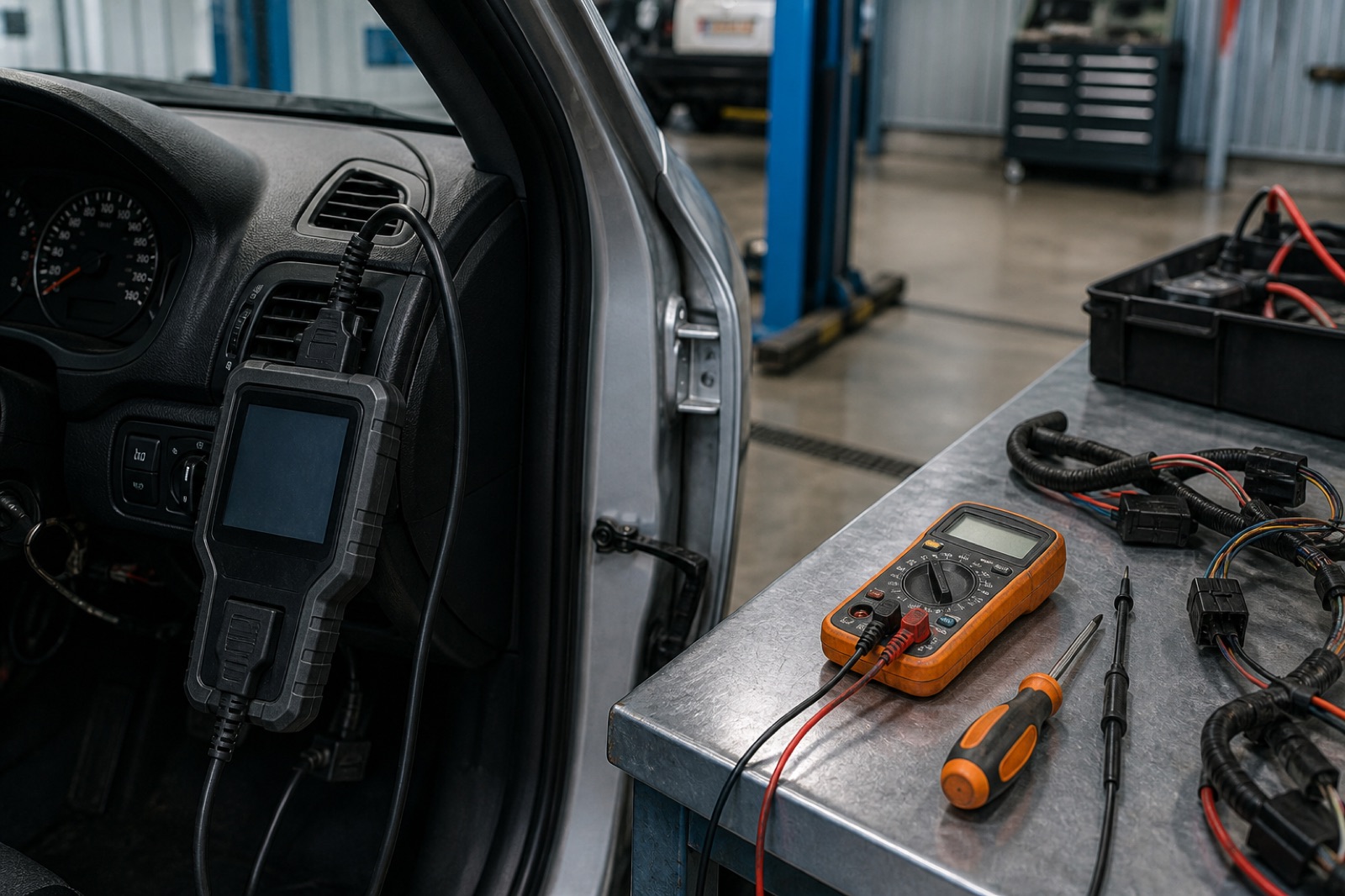 OBD scan tool and multimeter on an auto electrician diagnostic bench