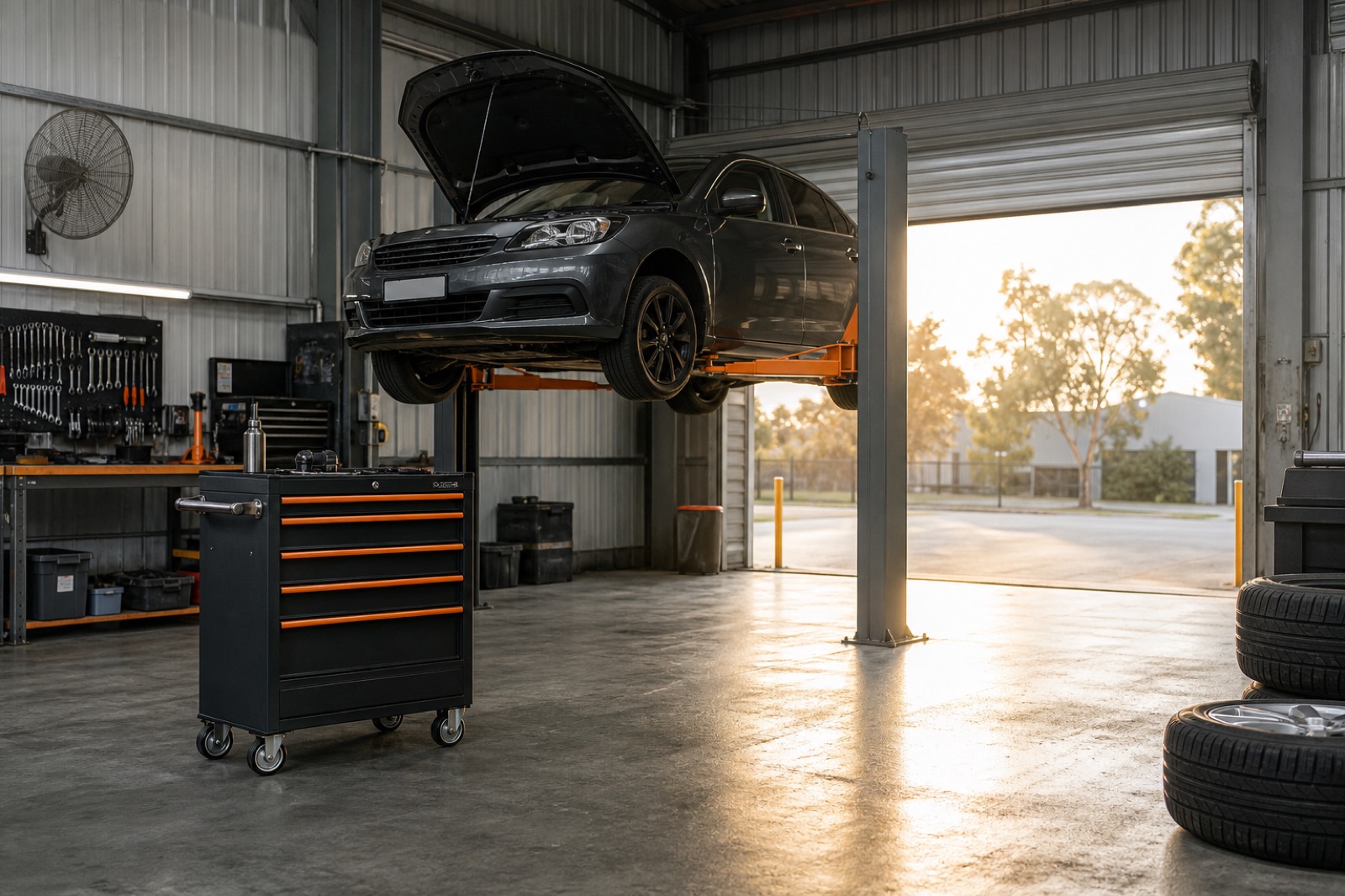 Passenger car on a hoist in an Australian mechanical workshop bay