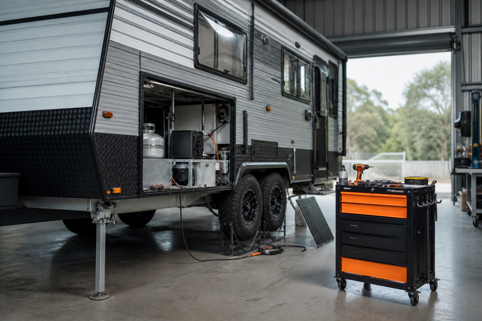Caravan in an Australian RV repair bay with service panel open