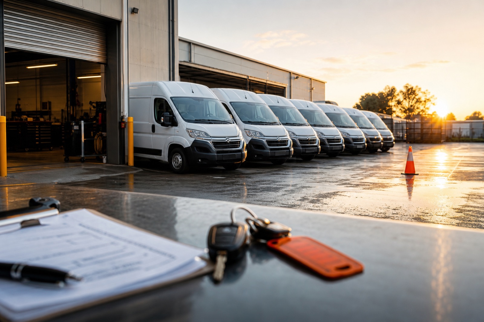 Matching fleet vans lined up outside an Australian workshop roller door