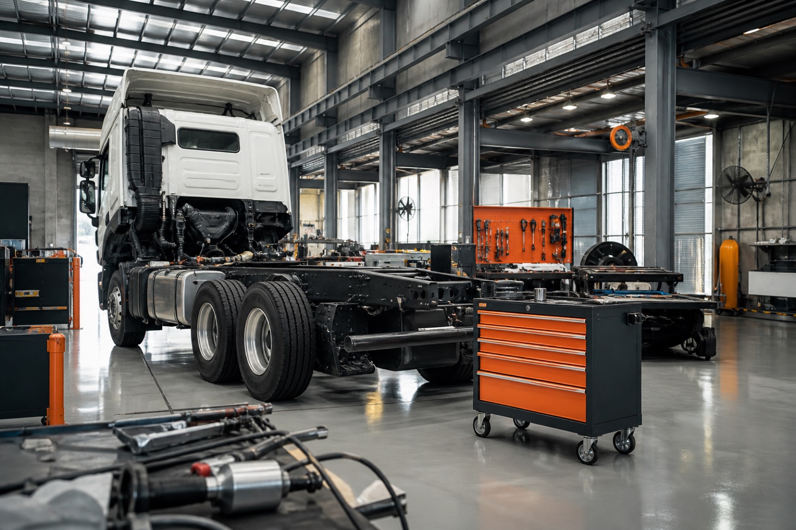 Commercial truck in a tall Australian heavy vehicle repair bay