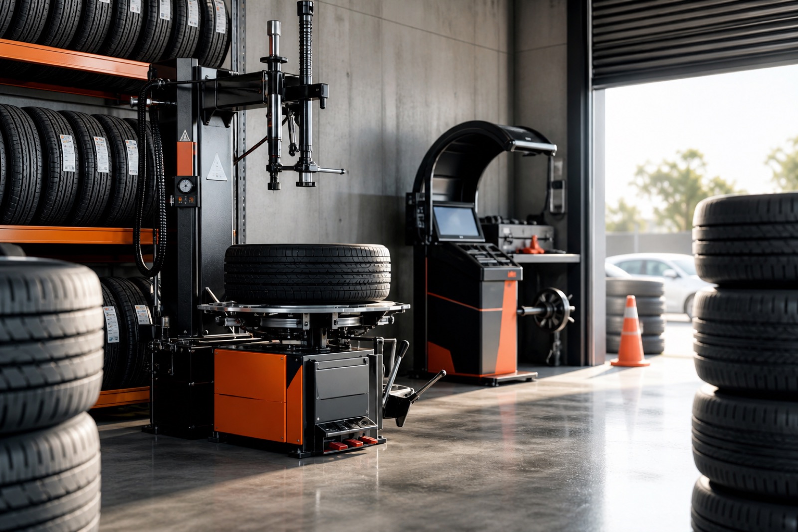 Tyre stacks and fitment equipment in an Australian tyre shop bay